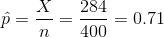 \hat{p}=\frac{X}{n}=\frac{284}{400}=0.71