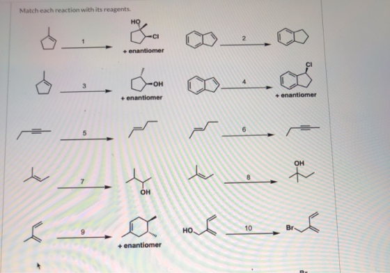 Match each reaction with its reagents. HO CI N 1 + enantiomer -OH 4 3 + enantiomer + enantiomer 6 5 OH w 8 } OH Hol Bre 10 Br