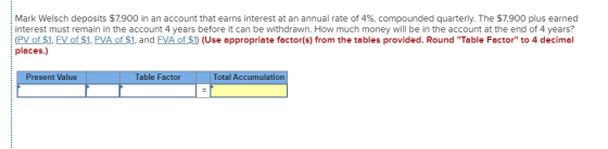 Mark Welsch deposits $7,900 in an account that earns interest at an annual rate of 4%, compounded quarterly. The $7,900 plus