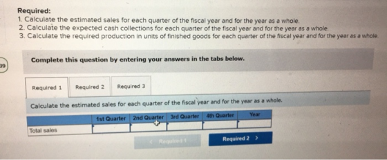 Required: 1. Calculate the estimated sales for each quarter of the fiscal year and for the year as a whole. 2. Calculate the expected cash collections for each quarter of the fiscal year and for the year as a whole. 3. Calculate the required production in units of finished goods for each quarter of the fiscal year and for the year as a whole Complete this question by entering your answers in the tabs below 39 Required 1 Required 2 Required 3 Calculate the estimated sales for each quarter of the fiscal year and for the year as a whole. 1st Quarter 2nd Quarter 3rd Quarter 4th Quarter Year Total sales Required 2>