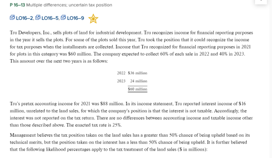 P 16-13 Multiple differences; uncertain tax position CL016–2, 2016–5, Q.1016–9 * Tru Developers, Inc., sells plots of land fo