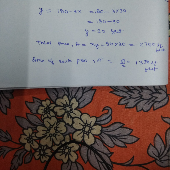 g=180-30 – 160-3830 - 180-90 y=90 feet Total Anca, A= xy=90x30 = 2700 89. beet Area of each penga= A=135089. flet