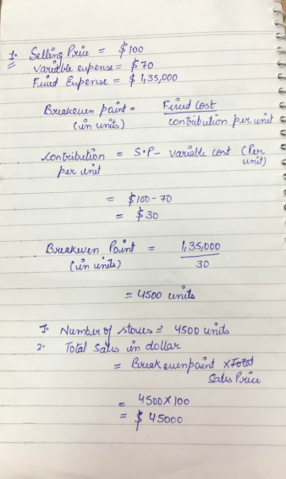 f. I Selling Price = $100 variable eupense = $70 Fulied Eupense = $ 1,35,000 Breakenen point = cun units) Ferred cost contrib