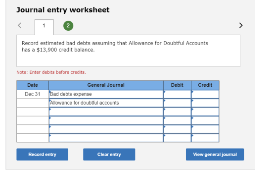 Journal entry worksheet Record estimated bad debts assuming that Allowance for Doubtful Accounts has a $13,900 credit balance