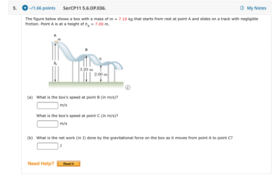 + -/1.66 points My Notes SerCP11 5.6.OP.036 5. The figure below shows a box with a mass of m friction. Point A is at a height
