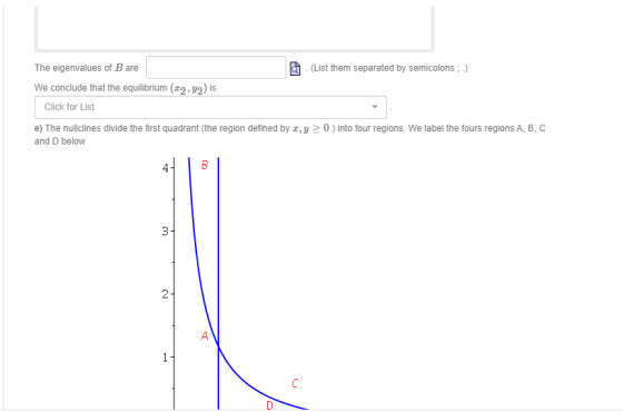 The eigenvalues of Bare (List them separated by semicolons ;-) We conclude that the equilibrium (12,92) is Click for List e)