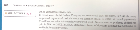 480 CHAPTER 10 • STOCKHOLDERS EQUITY UL >> OBJECTIVES 2, 3 10-36 Cumulative Dividends In recent years, the McFarlane Company