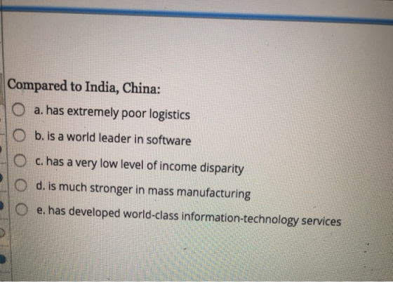 Compared to India, China: O a. has extremely poor logistics b. is a world leader in software O c. has a very low level of inc