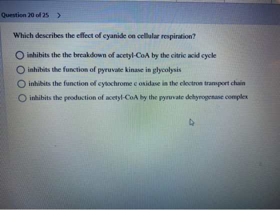 Question 20 of 25 ) Which describes the effect of cyanide on cellular respiration? O inhibits the the breakdown of acetyl-CoA