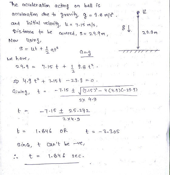 下 e acceleration acting on ball acceleration due to ravi initial veloaty 1S ms aun ゅstance to be covered, s 29.911, 29.9 m Now İlgin 2 he h ave / 2. vin 2. -1.15土23.292 3.30S t= 64 sec.