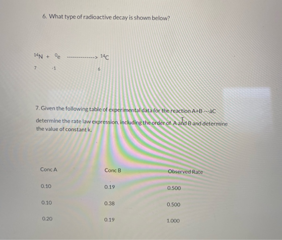 6. What type of radioactive decay is shown below? 14N + De ............--> 7. Given the following table of experimental data