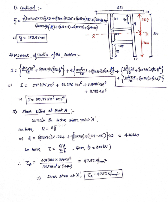250 10 y centroid :- {(300x10JX 1504x2 +@soxib)x305 + (125x10 bess+(128gxas (300x10)^{2}+ @soxid) +(asxto)+(3810) 100 ý = 10