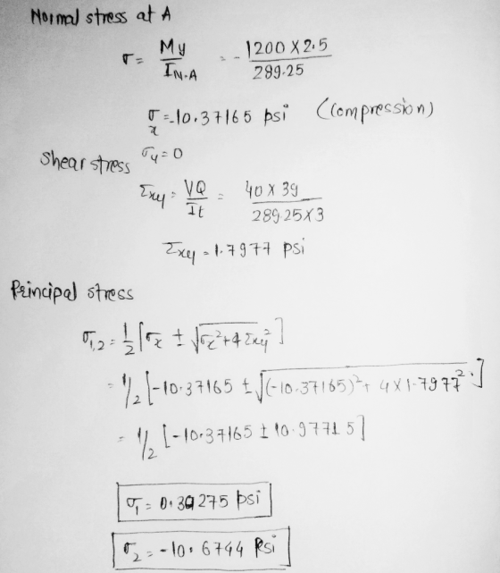 Normal stress at A My IN-A 1200 X 2:5 289.25 5--10,37165 psi (compression) 2 shear stress Tu=0 Exey? It 404 39 289 25x3 Exy -