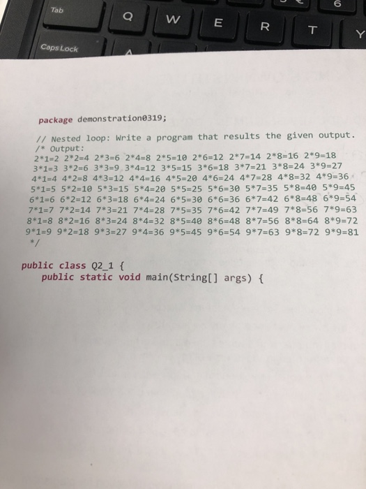 Tab Caps Lock package demonstratione319; // Nested loop: Write a program that results the given output. /* Output: 2*1-2 22-4