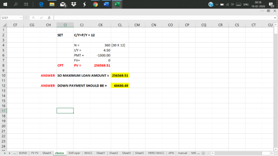 | 0 = = = = = 3 g w ? v 00:38 ENG 19-02-202024 C117 x fe CFCGCH CLC CK CL CM CN CO CP CQ CR CS CT CU SET C/Y=P/Y = 12 N = 360