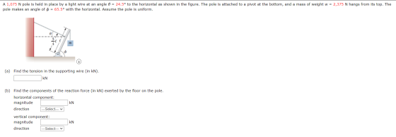 A 1,075 N pole is held in place by a light wire at an angle = 24.5° to the horizontal as shown in the figure. The pole is att