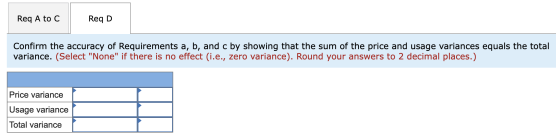 Req A to C Req D Confirm the accuracy of Requirements a, b, and c by showing that the sum of the price and usage variances eq