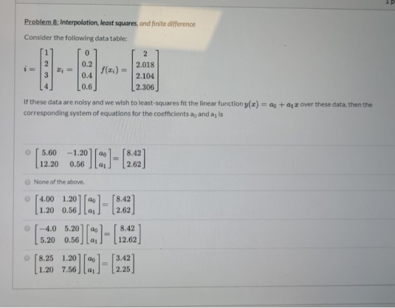 Problem 8: Interpolation, least squares, and finite difference Consider the following data table: 0 2 0.2 2.018 2; 0.4 2.104