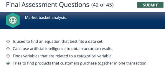 Final Assessment Questions (42 of 45) SUBMIT Market basket analysis: O is used to find an equation that best fits a data set.