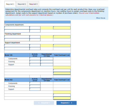 Required 1 Required 2 Required 3 Determine departmental overhead rates and compute the overhead cost per unit for each produc