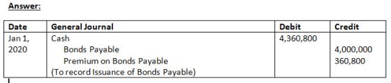 Answer: Credit Date Jan 1, 2020 Debit 4,360,800 General Journal Cash Bonds Payable Premium on Bonds Payable (To record Issuan