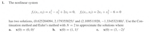 1. The nonlinear system fi(x1, x2) = x - xż + 2x2 = 0, $2(x1, x2) = 2x1 + xź – 6= 0 has two solutions, (0.625204094, 2.179355