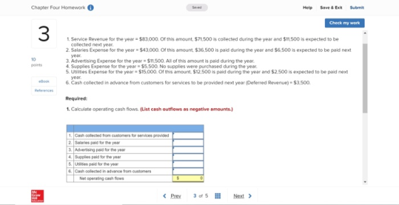 Chapter Four Homework Help Save & Exit Submit Check my work 1. Service Revenue for the year = $83.000. Of this amount, $71.50
