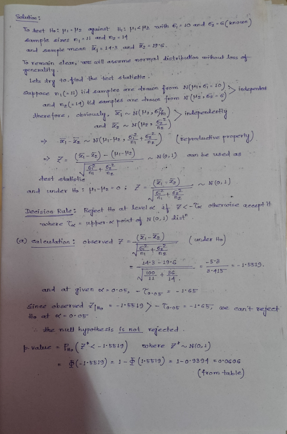 Solection : and sample Lets to. To test Ho: M. Pe against #r: ,<p3 with 6 = 10 and 6+6(knoon) sample sizes on, ass and ny = 1