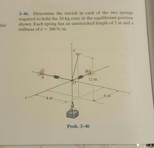 3-46. Determine the stretch in each of the two springs required to hold the 20-kg crate in the equilibrium position shown. Each spring has an unstretched length of 2 m and a stiffness of k = 300 N/m. for 12 m Prob. 3-406