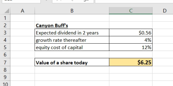 B C $0.56 Canyon Buffs Expected dividend in 2 years growth rate thereafter equity cost of capital 4% 12% Value of a share to