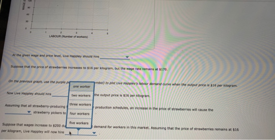 WAGE 30 LABOUR (Number of workers) At the given wage and price level, Live Happley should hire Suppose that the price of stra