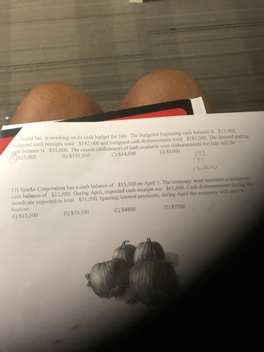 Sedita Inc. is working on its cash budget for July, The budgeted beginning cash balance is $13,000. Budgeted cash receipts to