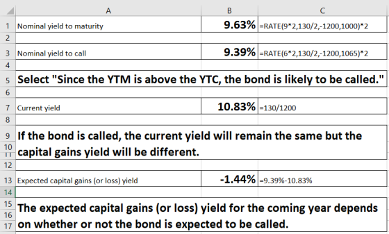 A В С 9.63%RATE(9*2,130/2,-1200,1000)*2 1 Nominal yield to maturity 2 9.39% -RATE(6*2,130/2,-1200, 1065)*2 3 Nominal yield to
