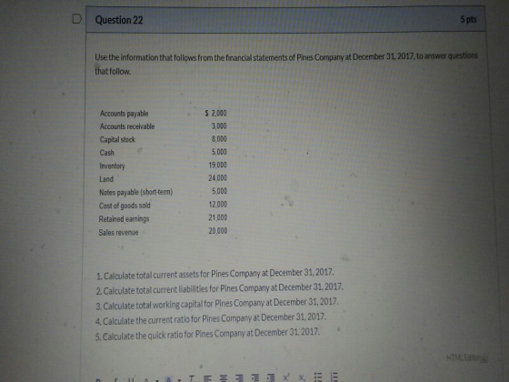 D Question 22 5 pts Use the information that follows from the financial statements of Pines Company at December 31, 2017, to