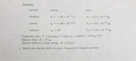 particle electron: proton: charge mass me = 9.11 × 10-31 kg me = 1.67 × 10-27 kg m, = 1.67 × 10-27 kg 9e =-1.60 × 10-19 C = +1.60 × 10-19 C neutron: Coulombs law: F = kelellel/r2 where ke = 8.9875 × 10 N m?/C. Electric field: E = F/go- Electric field of a point charge: E kell/r2. 1. Sketch the electric field of a pair of oppositely charged particles.