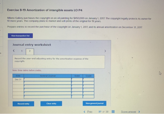 Exercise 8-19 Amortization of intangible assets LO P4 Milano Gallery purchases the copyright on an oil painting for $450,000