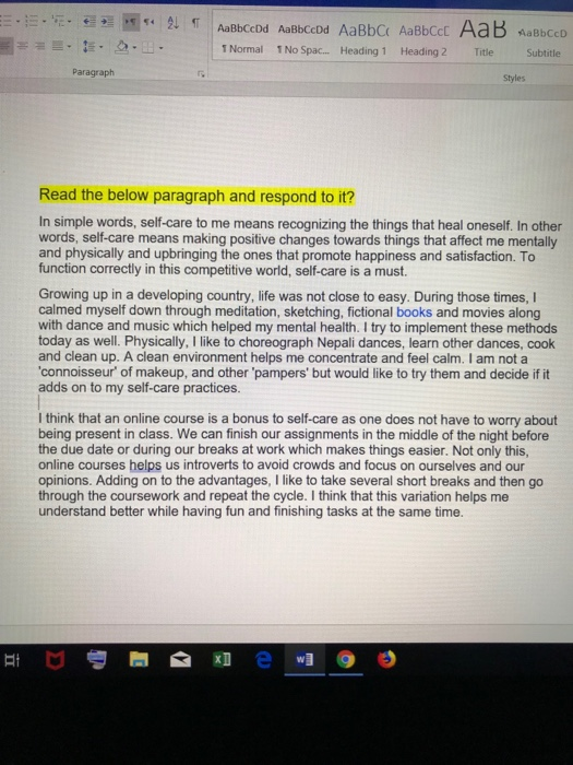 1 Normal 1 No Spac.... Heading 1 Heading 2 Title Subtitle Paragraph Styles Read the below paragraph and respond to it? In sim