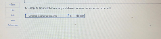 eBook b. Compute Randolph Companys deferred income tax expense or benefit. Hint Ask Deferred income tax expense $ (40,800) P