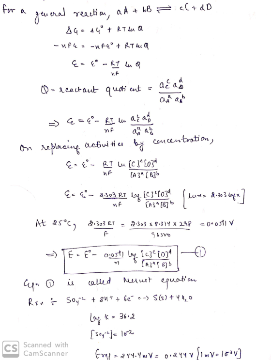 or a general reaction, aA + bB = c(+ dD - S4=84 + RT du a no - ufk= -nfeo + RT hea {= 4 - RI na Q- reactant quoti ent = aC a