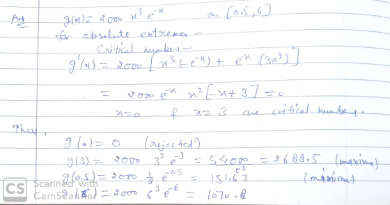 g (M)2 2000 H² ex on Co.5, 0] for absolute extrema - Critical number - g() = 2000 [x² 664) 4 en (342)] = Non et de? [-u+37=0