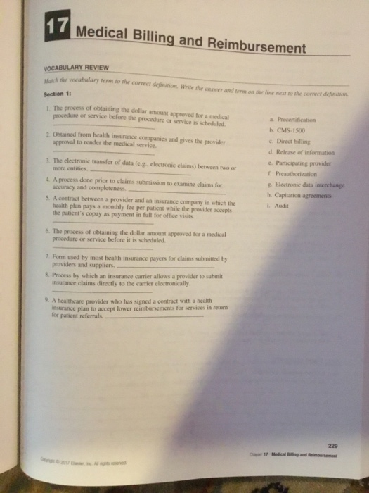 17 Medical Billing and Reimbursement VOCABULARY REVIEW he vacabulary term to the coec denition, Wite the ansuer and tern on t