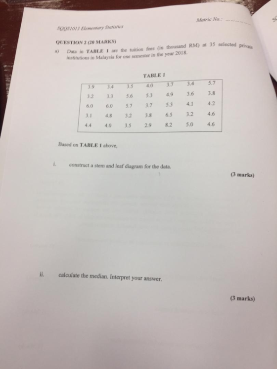 Matric No. 00S1O13 Elementary Statistics QUESTION 2 (20 MARKS) a) Data in TABLE I are the tuition fees (in thousand RM) at 35