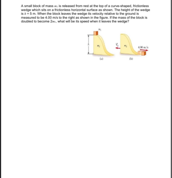 A small block of mass mi is released from rest at the top of a curve-shaped, frictionless wedge which sits on a frictionless