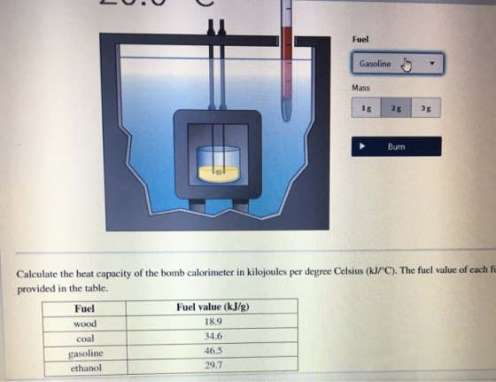 Fuel Gasoline Song Mass 1g 2g 38 Burn Calculate the heat capacity of the bomb calorimeter in kilojoules per degree Celsius (k