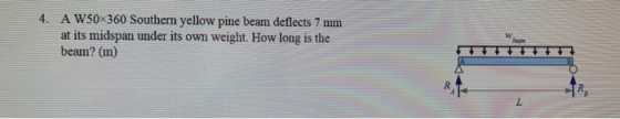 4. A W50X360 Southern yellow pine beam deflects 7 mm at its midspan under its own weight. How long is the beam? (m)