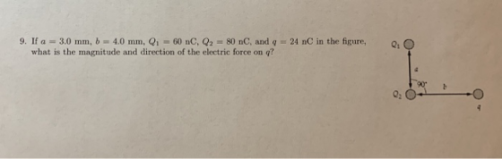 9. If a = 3.0 mm, b = 4.0 mm, Qi = 60 nC, Q2 = 80 nC, and q what is the magnitude and direction of the electric force on q? 24 nC in the figure, Q 02