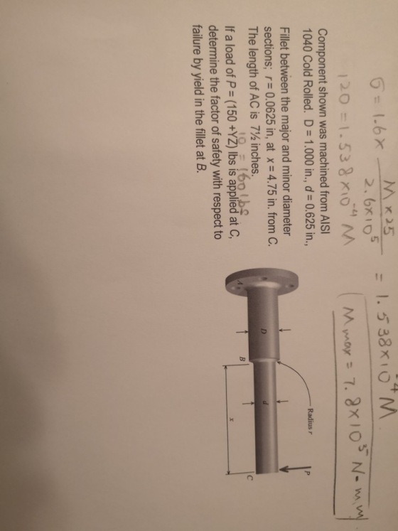 6 = 1.68 MX25 -1.538XIOM 2.6xios M max = 7.8810S Nommy -Radius 120 = 1.538 X10M Component shown was machined from AISI 1040 C