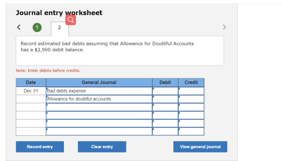 Journal entry worksheet Record estimated bad debts assuming that Allowance for Doubtful Accounts has a $2,900 debit balance.