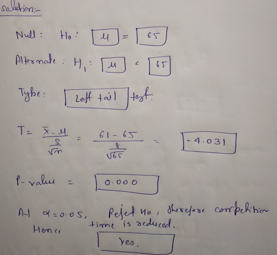 solution:- Null: Ho: [u]=[65] Alkomate: H, L os Type: I left tail test. Ta 7-es 61- 65 -4.031 Paraben = Al &=0.05 10.000 Reje