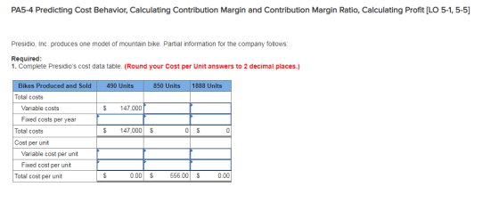 PA5-4 Predicting Cost Behavior, Calculating Contribution Margin and Contribution Margin Ratio, Calculating Profit [LO 5-1, 5-